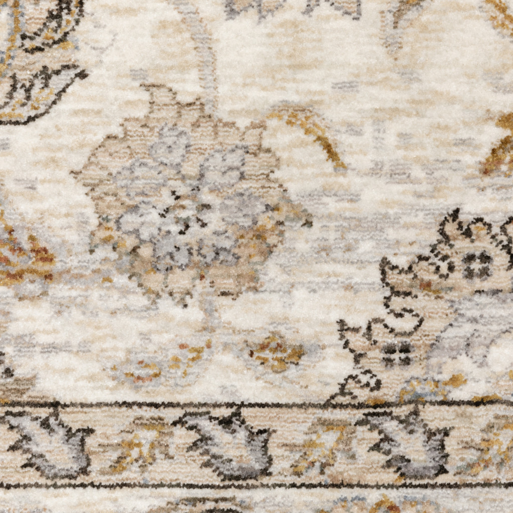 5" X 8" Ivory And Grey Oriental Power Loom Stain Resistant Area Rug With Fringe