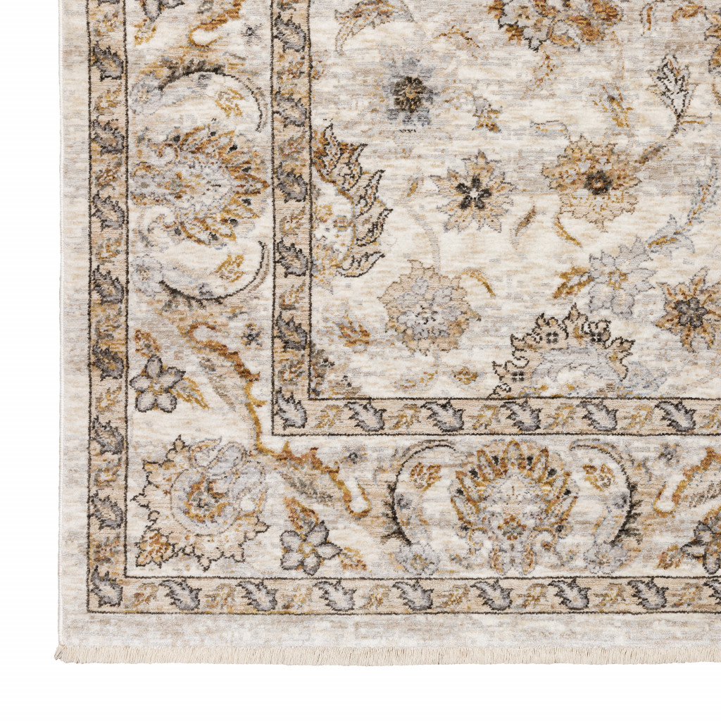 5" X 8" Ivory And Grey Oriental Power Loom Stain Resistant Area Rug With Fringe