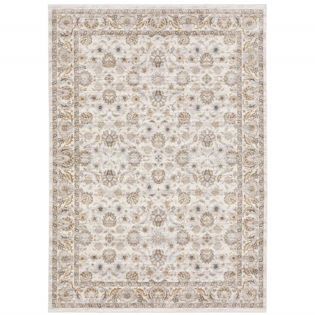 8" X 11" Ivory And Grey Oriental Power Loom Stain Resistant Area Rug With Fringe