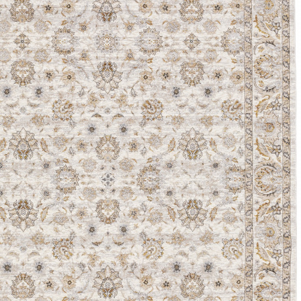 8" X 11" Ivory And Grey Oriental Power Loom Stain Resistant Area Rug With Fringe