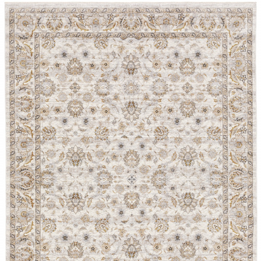 8" X 11" Ivory And Grey Oriental Power Loom Stain Resistant Area Rug With Fringe