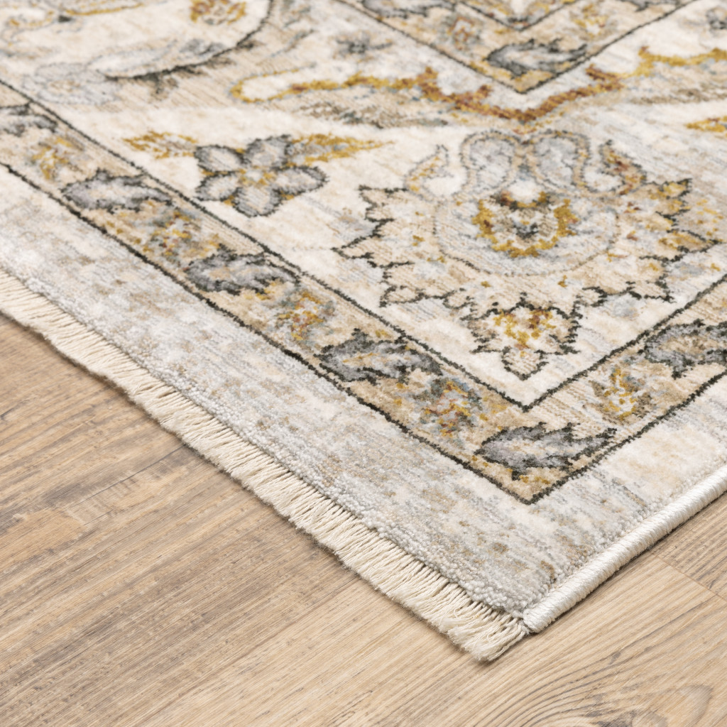 8" X 11" Ivory And Grey Oriental Power Loom Stain Resistant Area Rug With Fringe