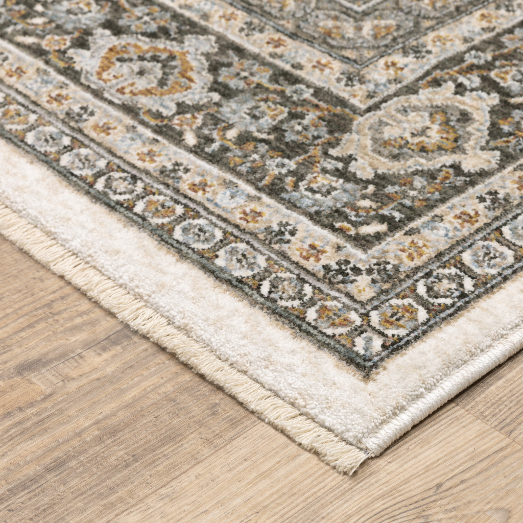 3" X 5" Ivory And Grey Oriental Power Loom Stain Resistant Area Rug With Fringe