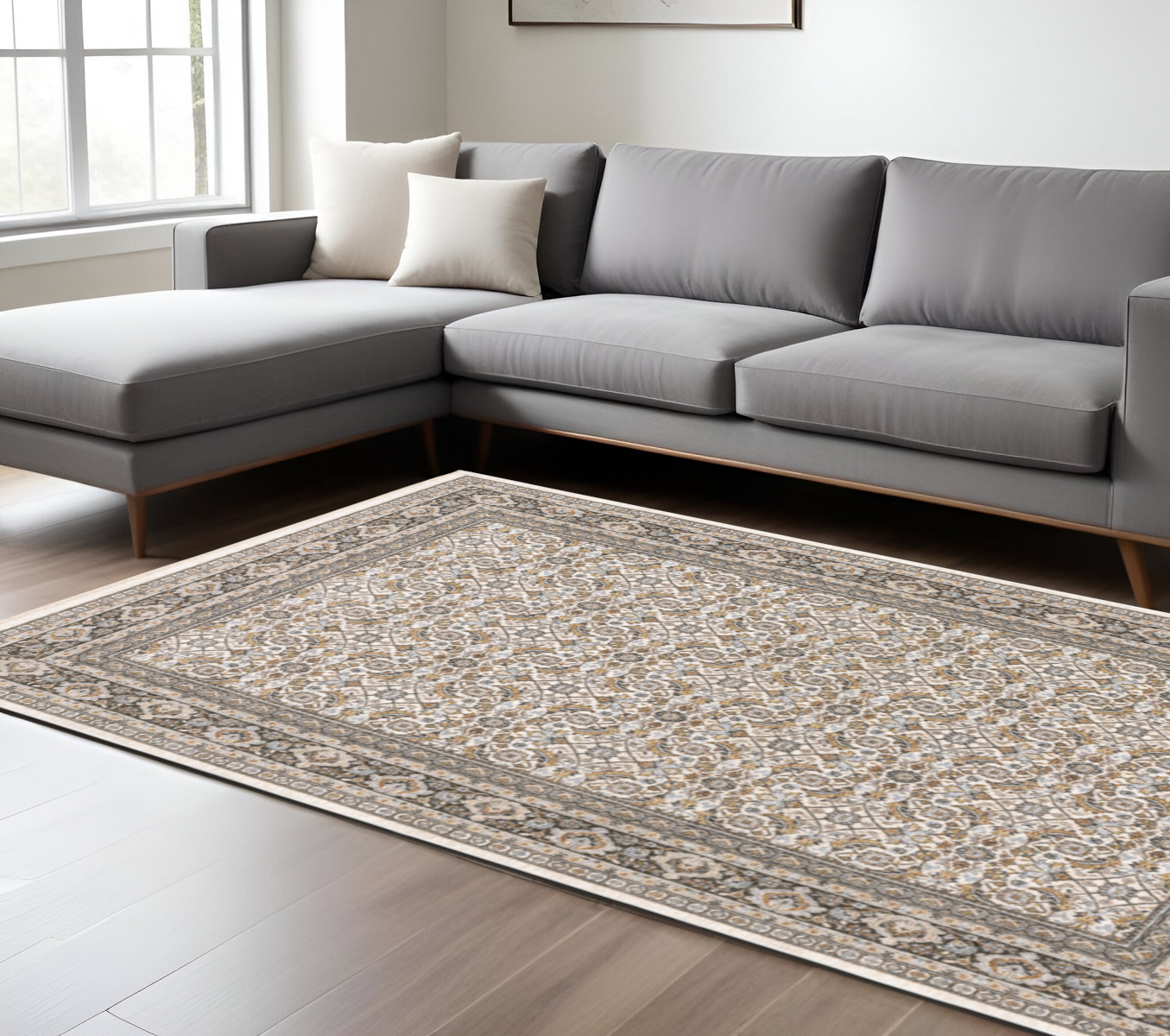 7" X 10" Gray and Ivory Oriental Power Loom Area Rug With Fringe
