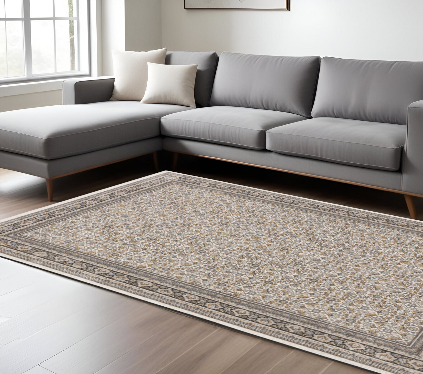 8" X 11" Gray and Ivory Oriental Power Loom Area Rug With Fringe