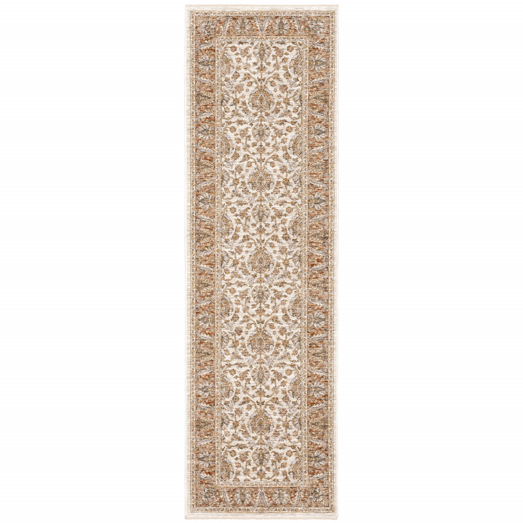 2" X 8" Rust And Ivory Oriental Power Loom Stain Resistant Runner Rug With Fringe