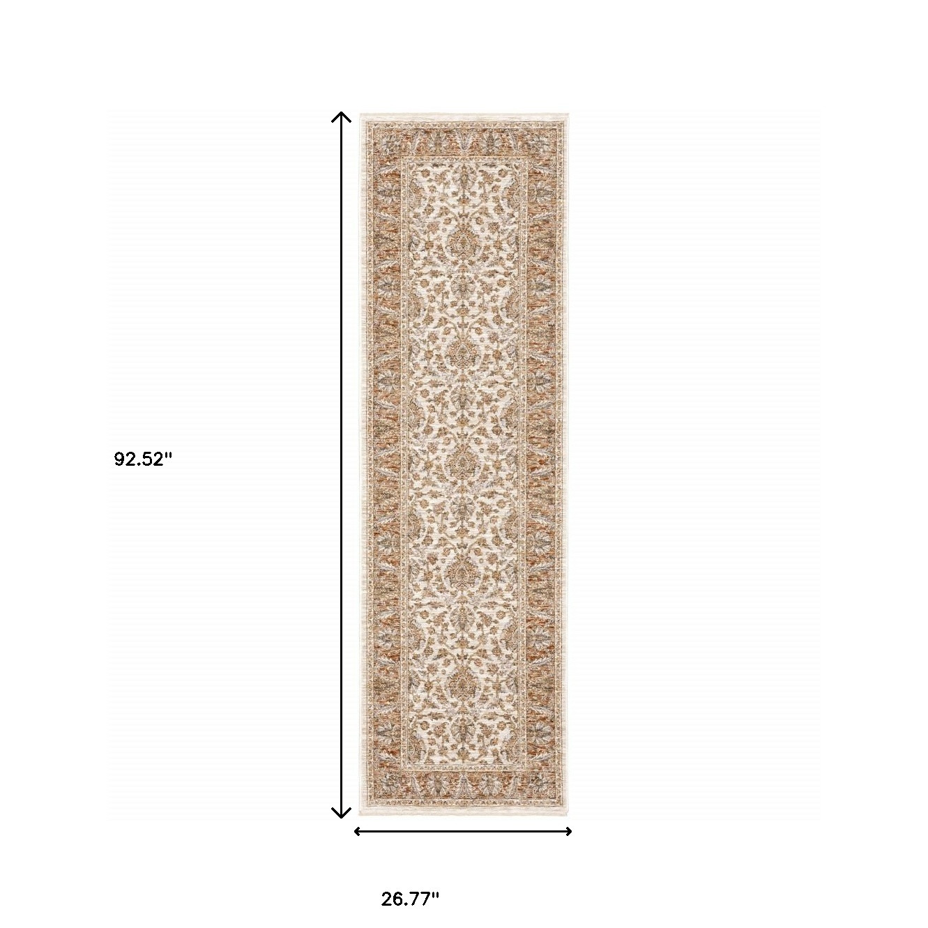 2" X 8" Rust And Ivory Oriental Power Loom Stain Resistant Runner Rug With Fringe