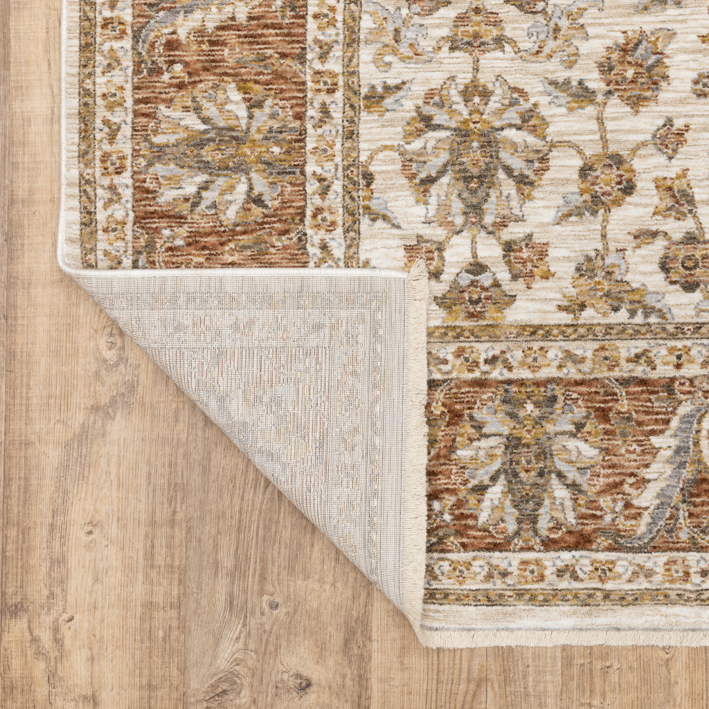 2" X 8" Rust And Ivory Oriental Power Loom Stain Resistant Runner Rug With Fringe