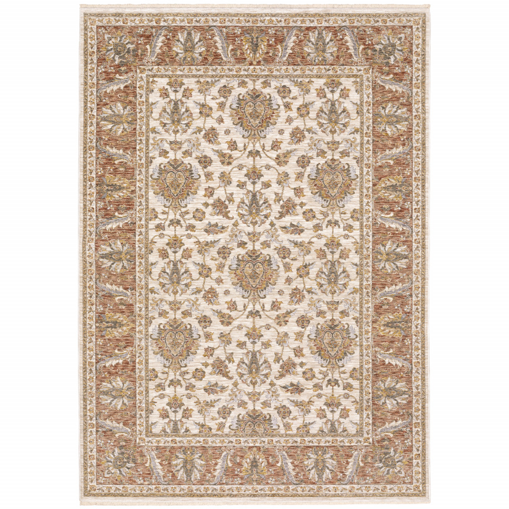 5" X 8" Rust And Ivory Oriental Power Loom Stain Resistant Area Rug With Fringe