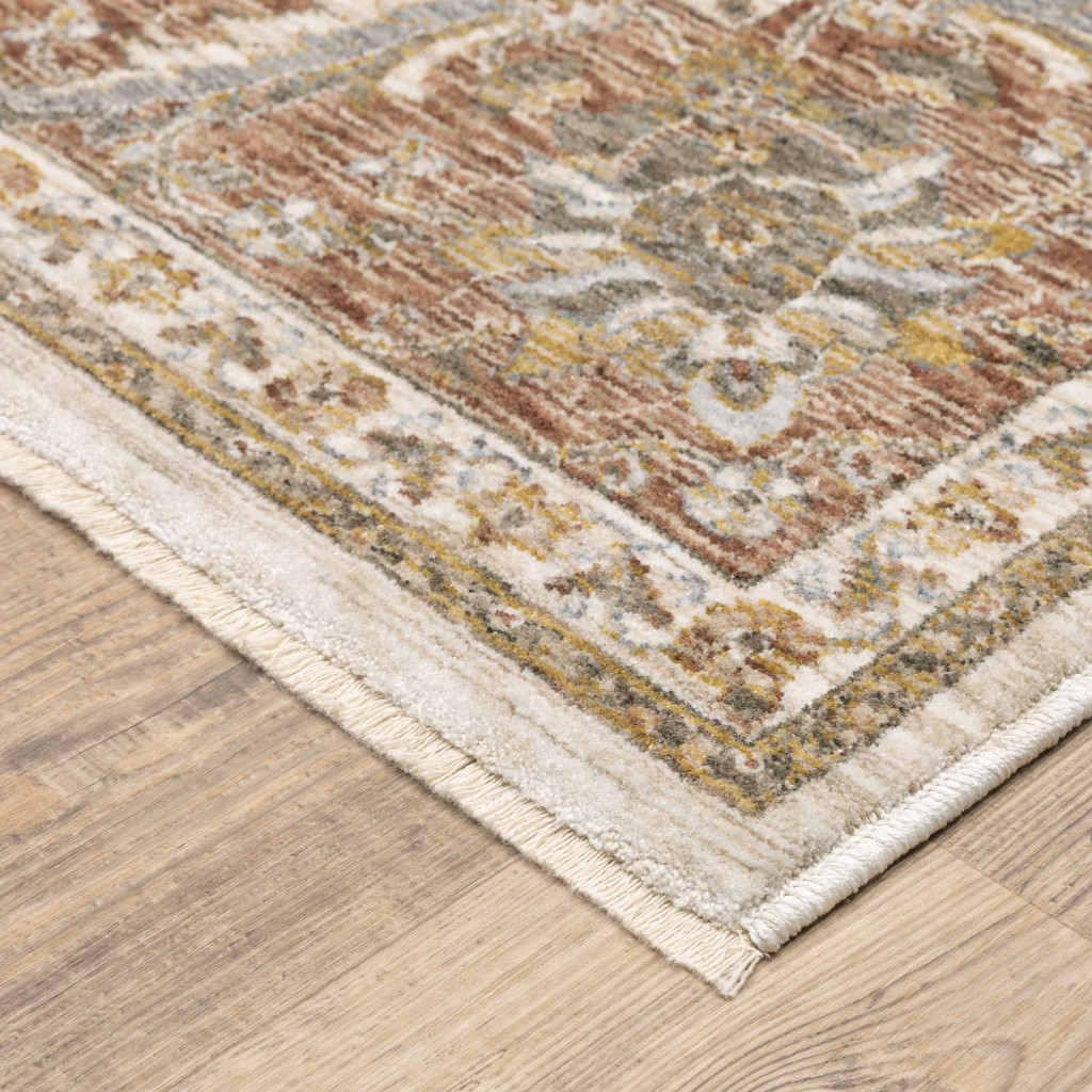 5" X 8" Rust And Ivory Oriental Power Loom Stain Resistant Area Rug With Fringe