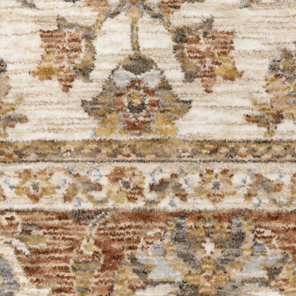 5" X 8" Rust And Ivory Oriental Power Loom Stain Resistant Area Rug With Fringe