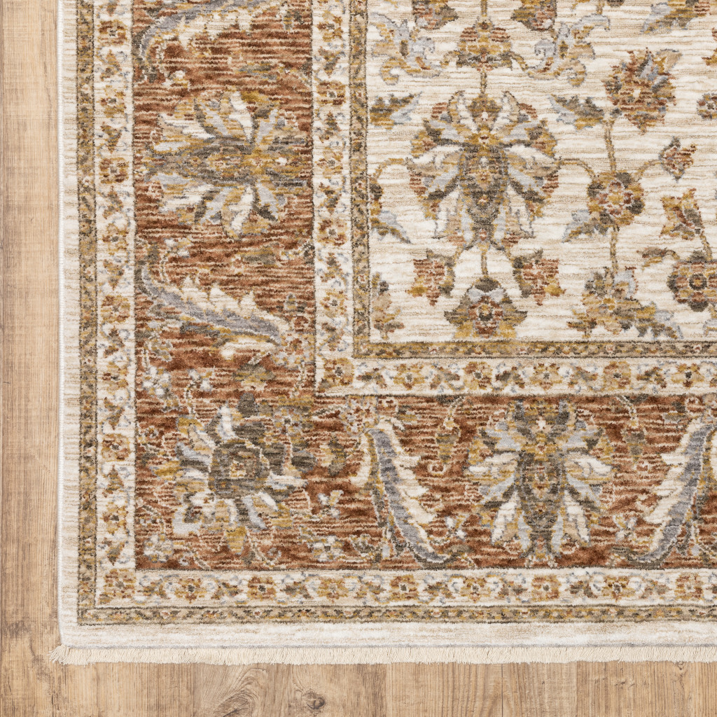 5" X 8" Rust And Ivory Oriental Power Loom Stain Resistant Area Rug With Fringe