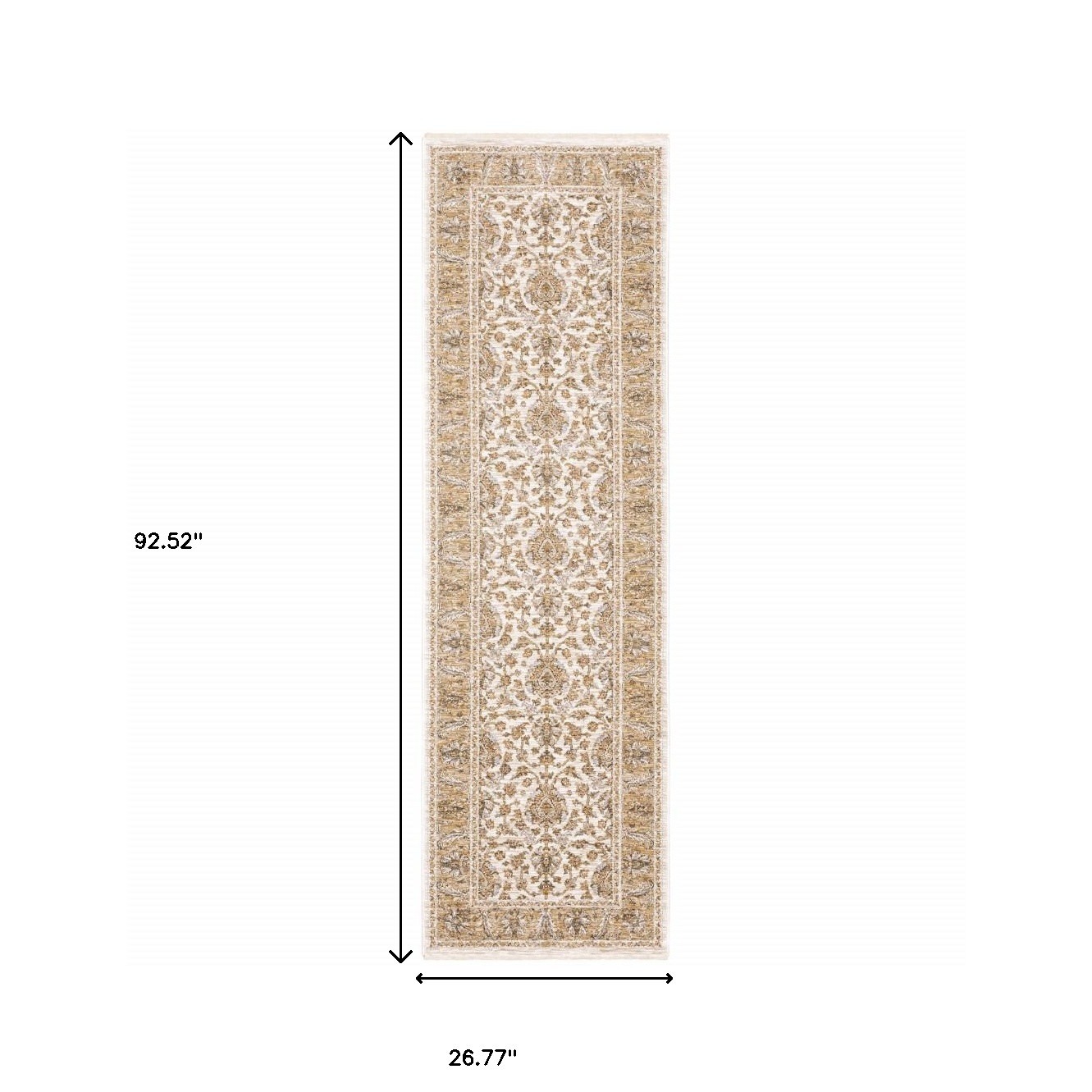 2" X 8" Ivory And Gold Oriental Power Loom Stain Resistant Runner Rug With Fringe