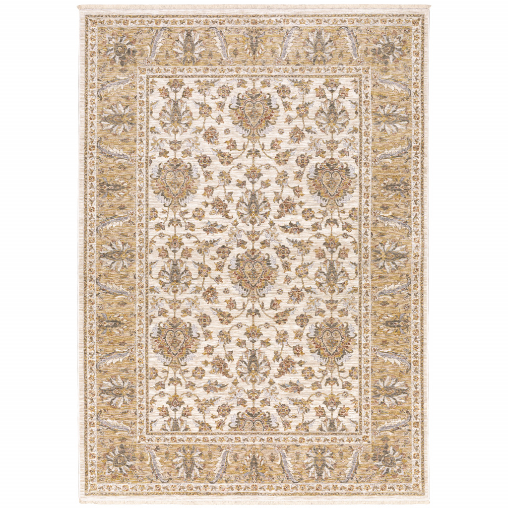 2" X 3" Ivory And Gold Oriental Power Loom Stain Resistant Area Rug With Fringe