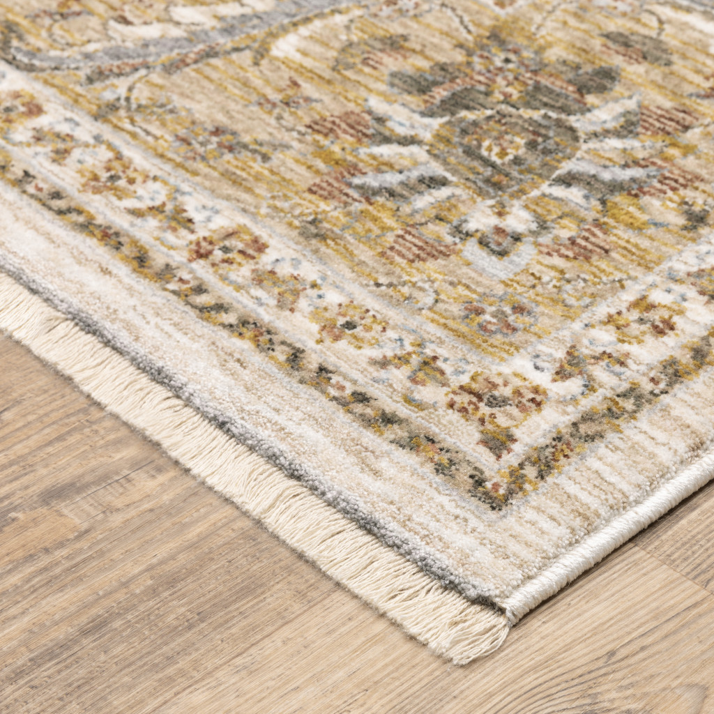 2" X 3" Ivory And Gold Oriental Power Loom Stain Resistant Area Rug With Fringe