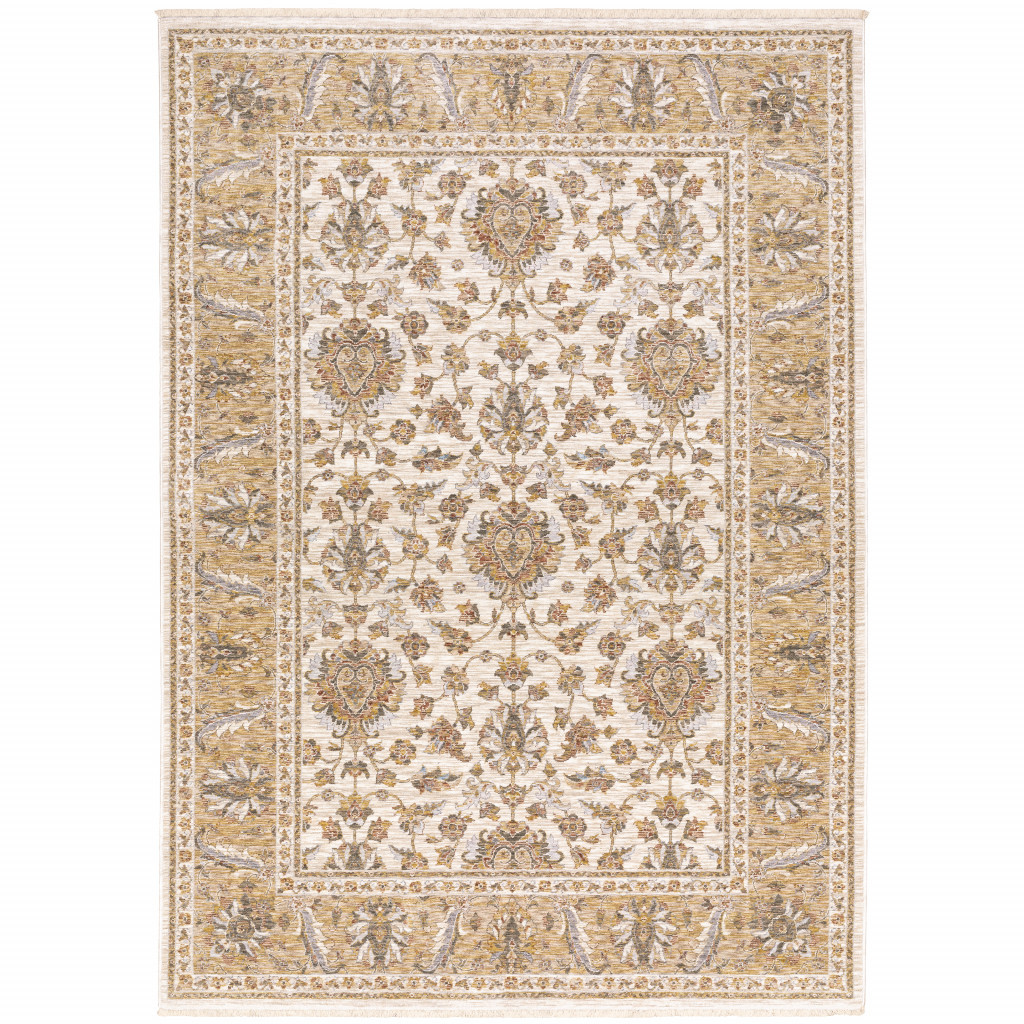 3" X 5" Ivory And Gold Oriental Power Loom Stain Resistant Area Rug With Fringe