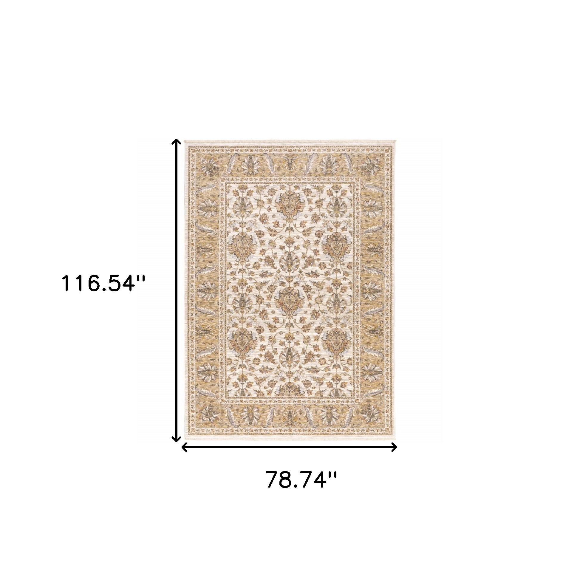 7" X 10" Gold and Ivory Oriental Power Loom Area Rug With Fringe