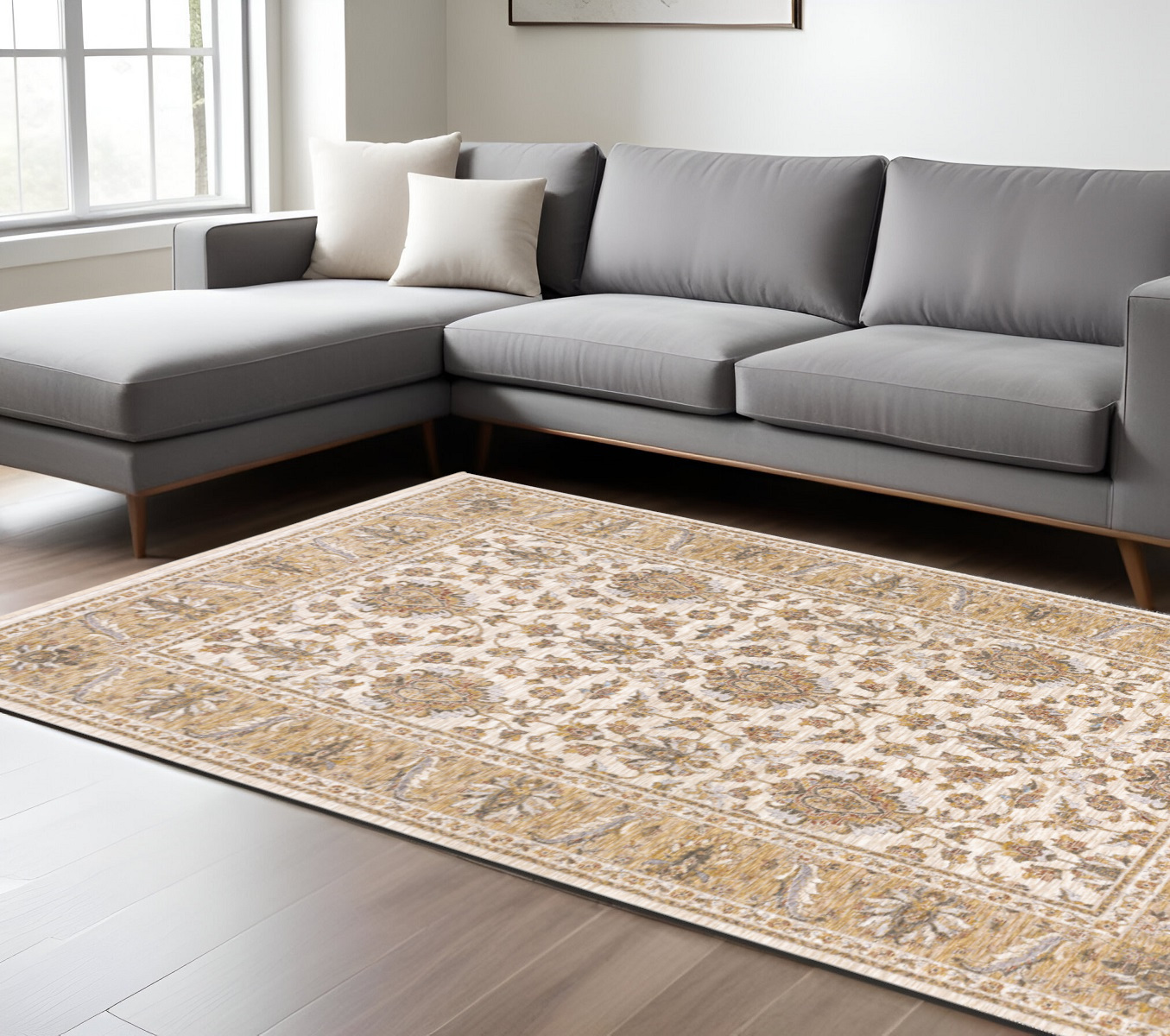 7" X 10" Gold and Ivory Oriental Power Loom Area Rug With Fringe