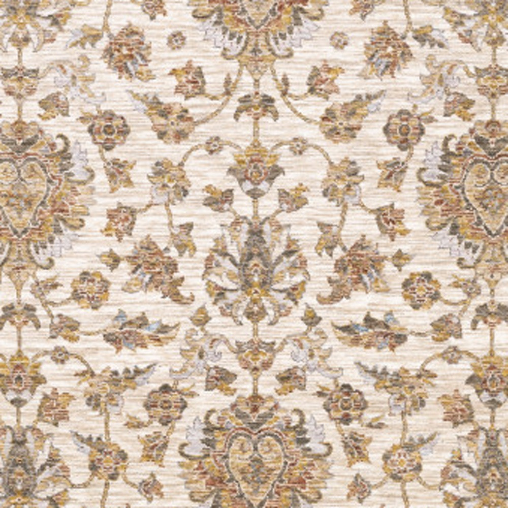 8" X 11" Ivory And Gold Oriental Power Loom Stain Resistant Area Rug With Fringe