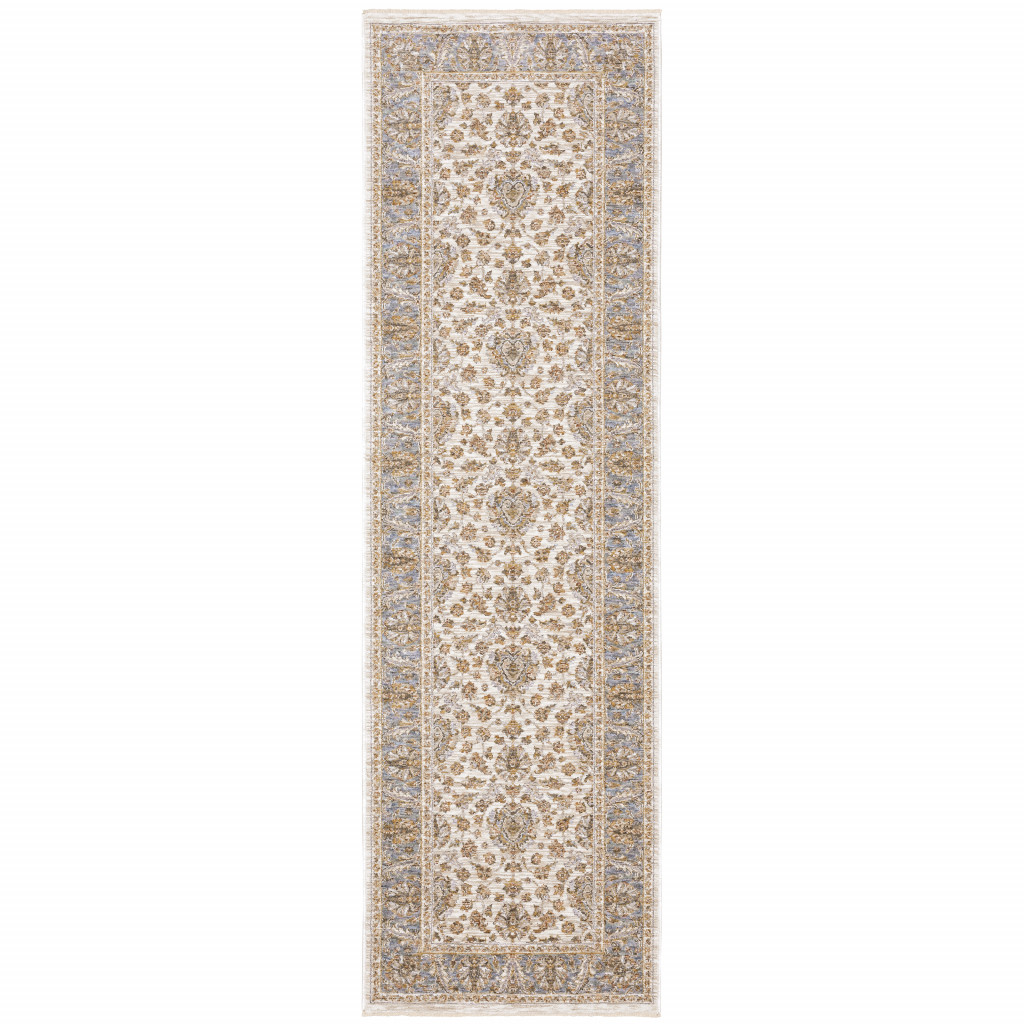 2" X 8" Ivory And Blue Oriental Power Loom Stain Resistant Runner Rug With Fringe
