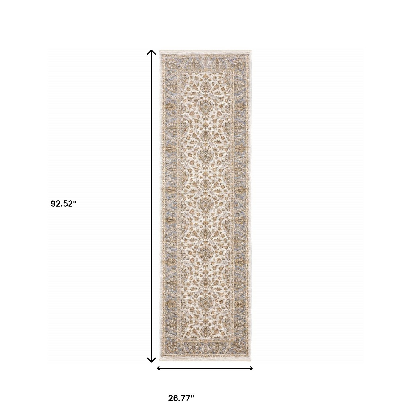 2" X 8" Ivory And Blue Oriental Power Loom Stain Resistant Runner Rug With Fringe