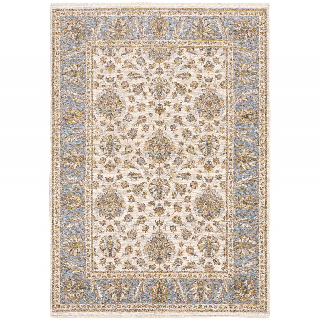 3" X 5" Ivory And Blue Oriental Power Loom Stain Resistant Area Rug With Fringe