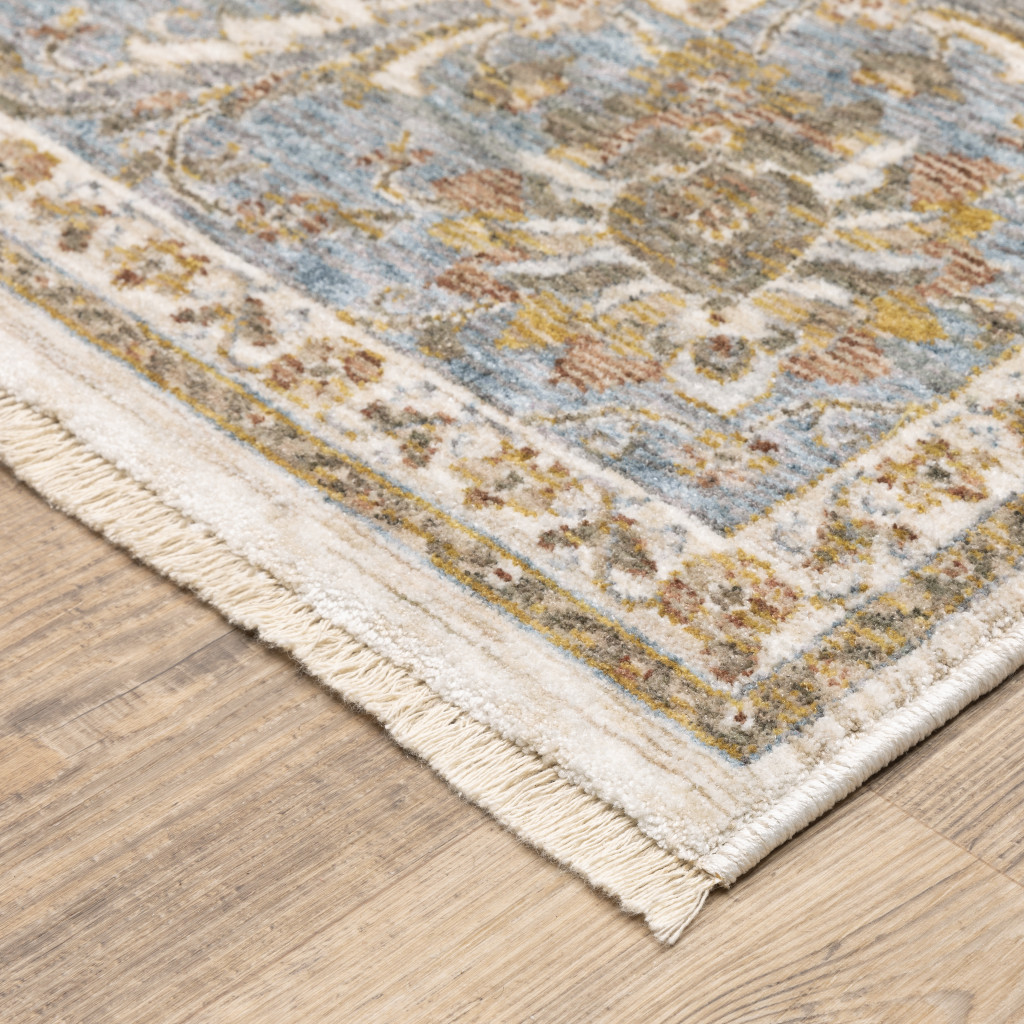 3" X 5" Ivory And Blue Oriental Power Loom Stain Resistant Area Rug With Fringe