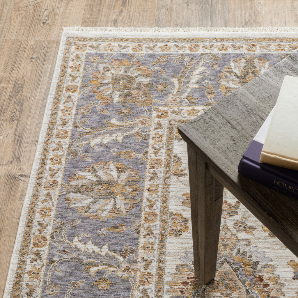 3" X 5" Ivory And Blue Oriental Power Loom Stain Resistant Area Rug With Fringe
