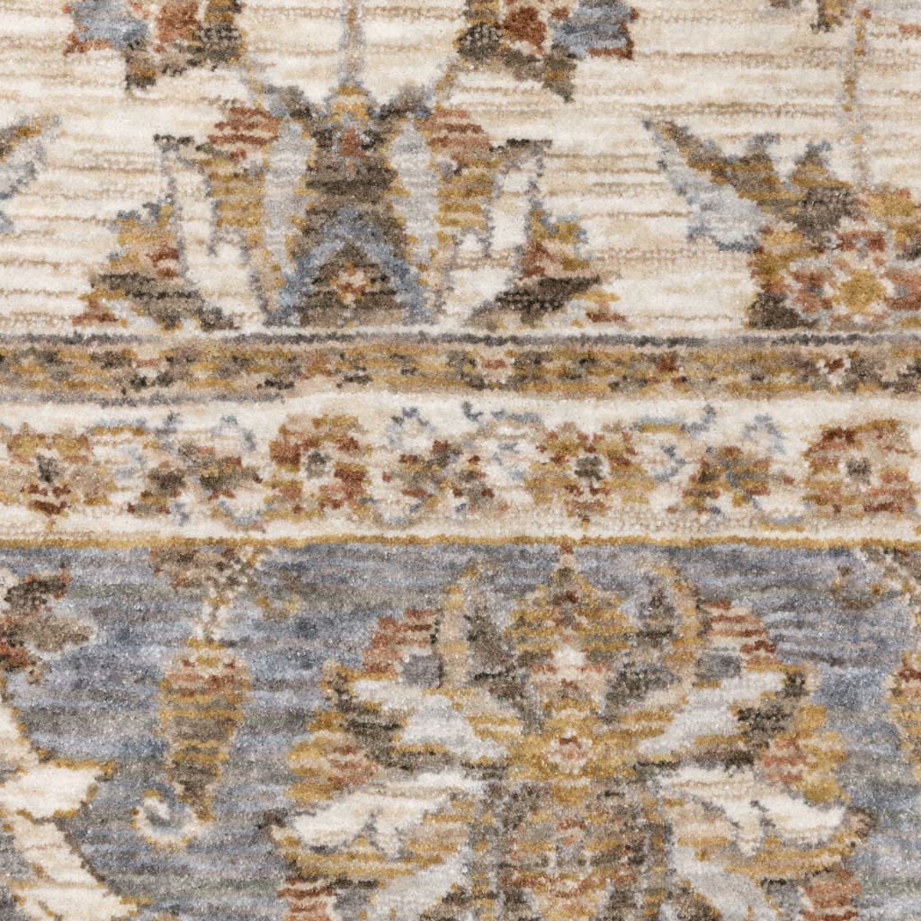 3" X 5" Ivory And Blue Oriental Power Loom Stain Resistant Area Rug With Fringe