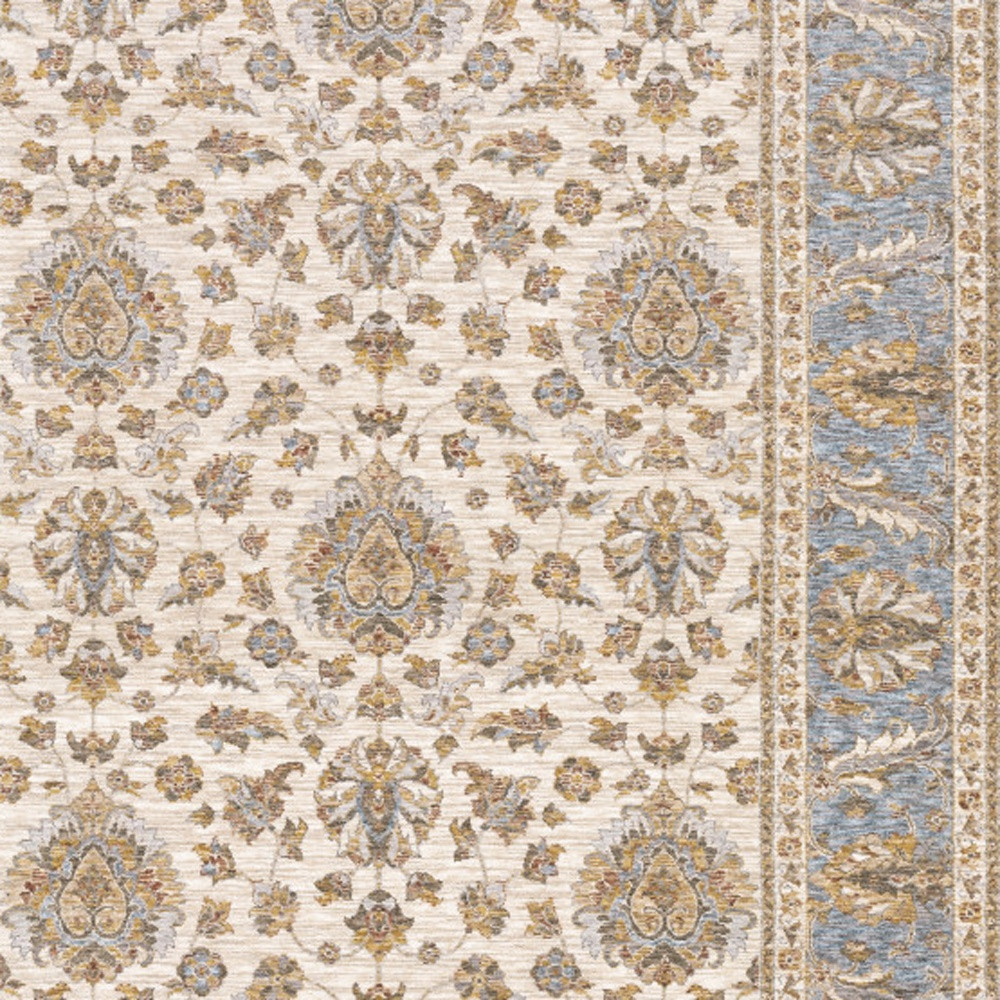 8" X 11" Ivory And Blue Oriental Power Loom Stain Resistant Area Rug With Fringe