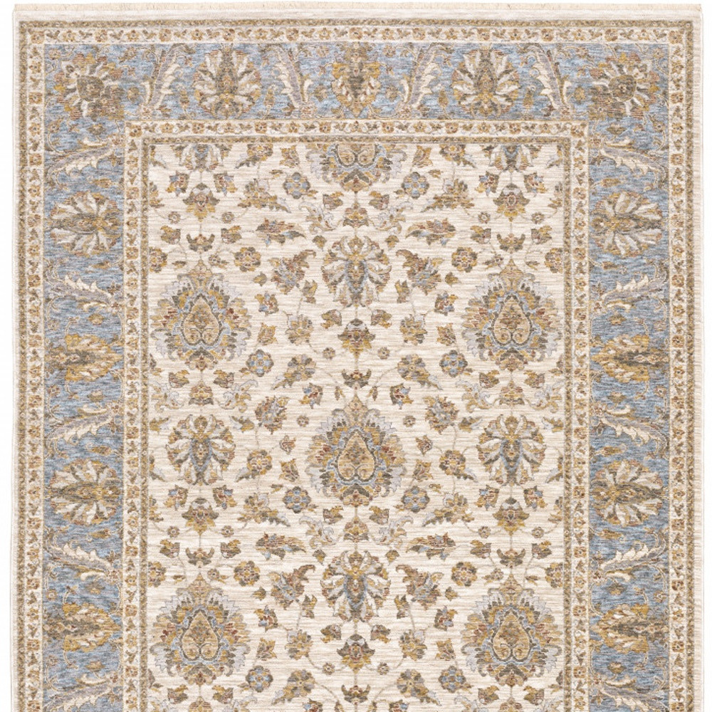 8" X 11" Ivory And Blue Oriental Power Loom Stain Resistant Area Rug With Fringe