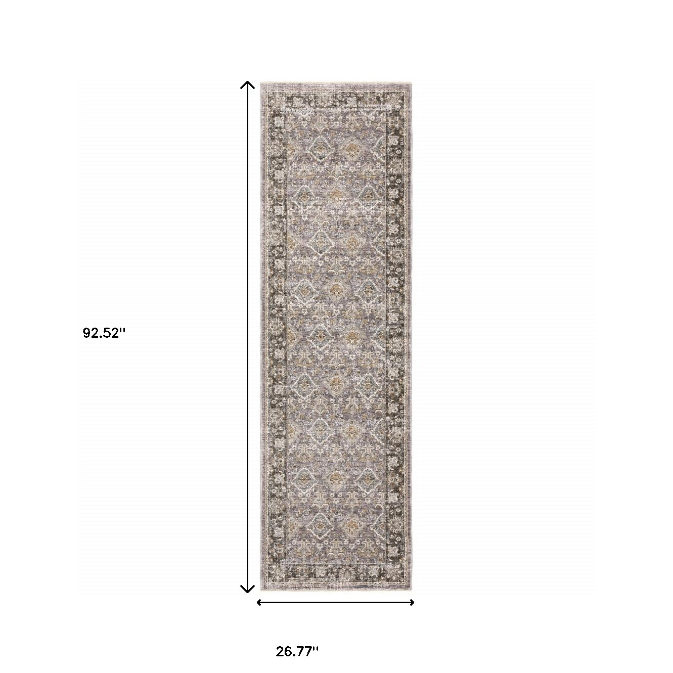 2" X 8" Grey And Blue Oriental Power Loom Stain Resistant Runner Rug With Fringe