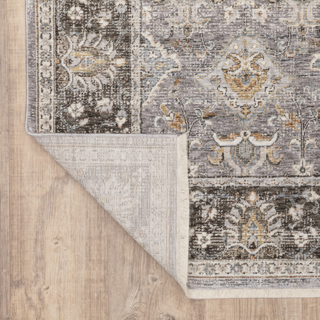 2" X 8" Grey And Blue Oriental Power Loom Stain Resistant Runner Rug With Fringe