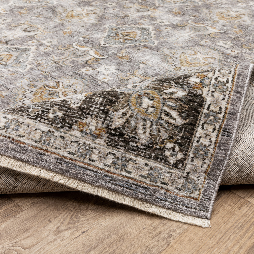2" X 8" Grey And Blue Oriental Power Loom Stain Resistant Runner Rug With Fringe