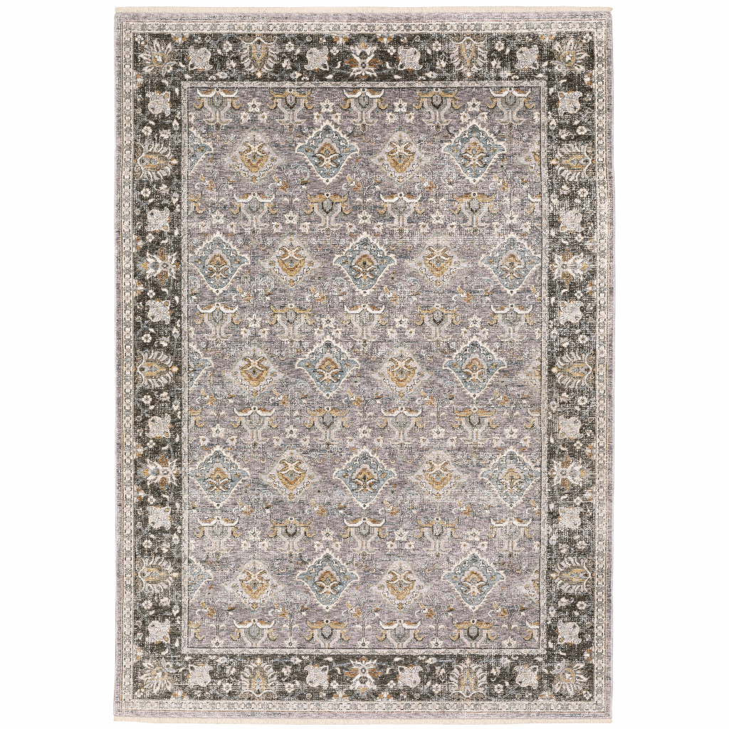 7" X 10" Blue and Gray Oriental Power Loom Area Rug With Fringe