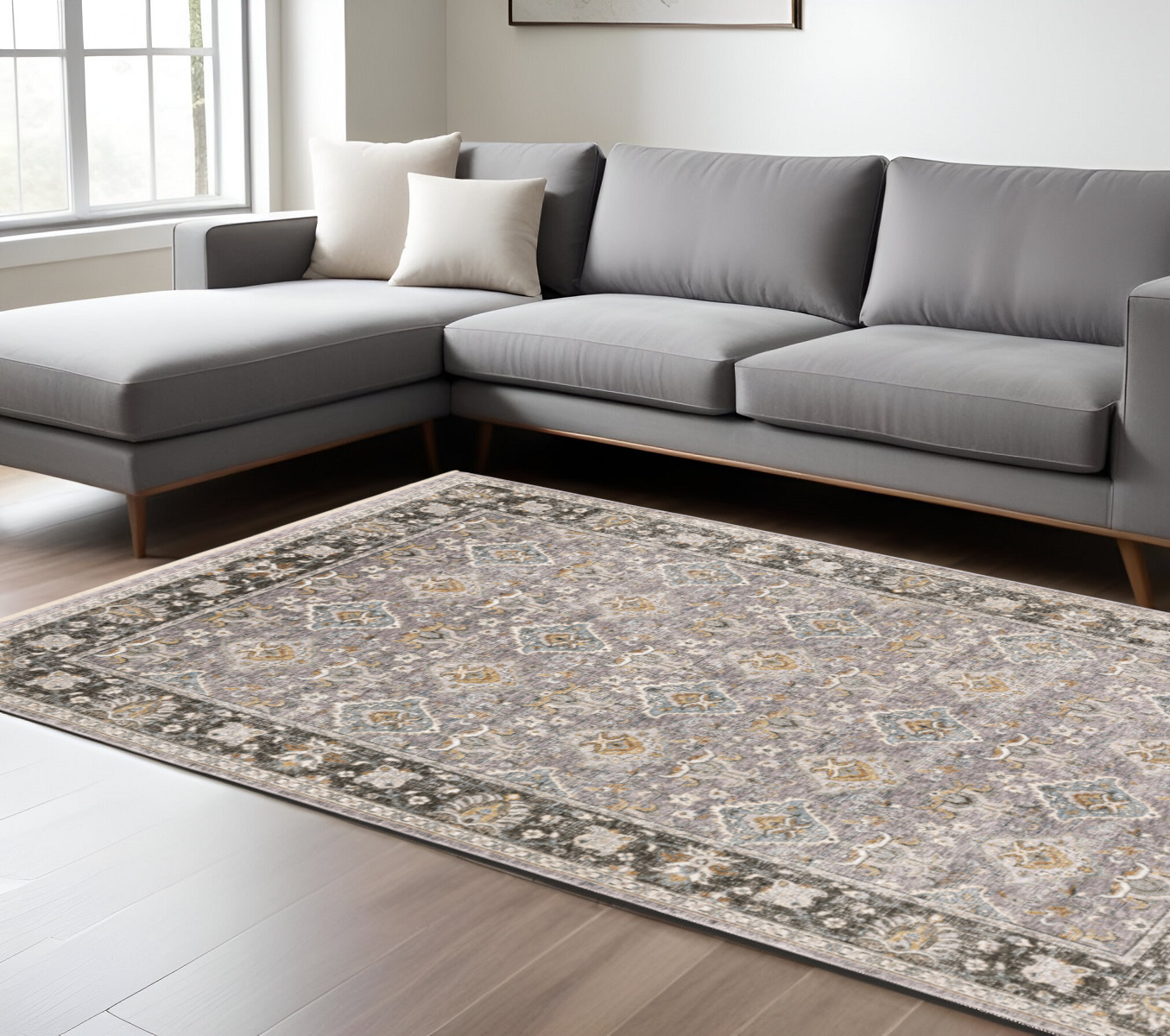 7" X 10" Blue and Gray Oriental Power Loom Area Rug With Fringe