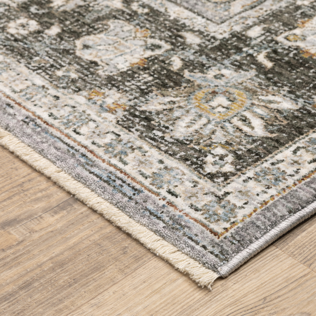 7" X 10" Blue and Gray Oriental Power Loom Area Rug With Fringe