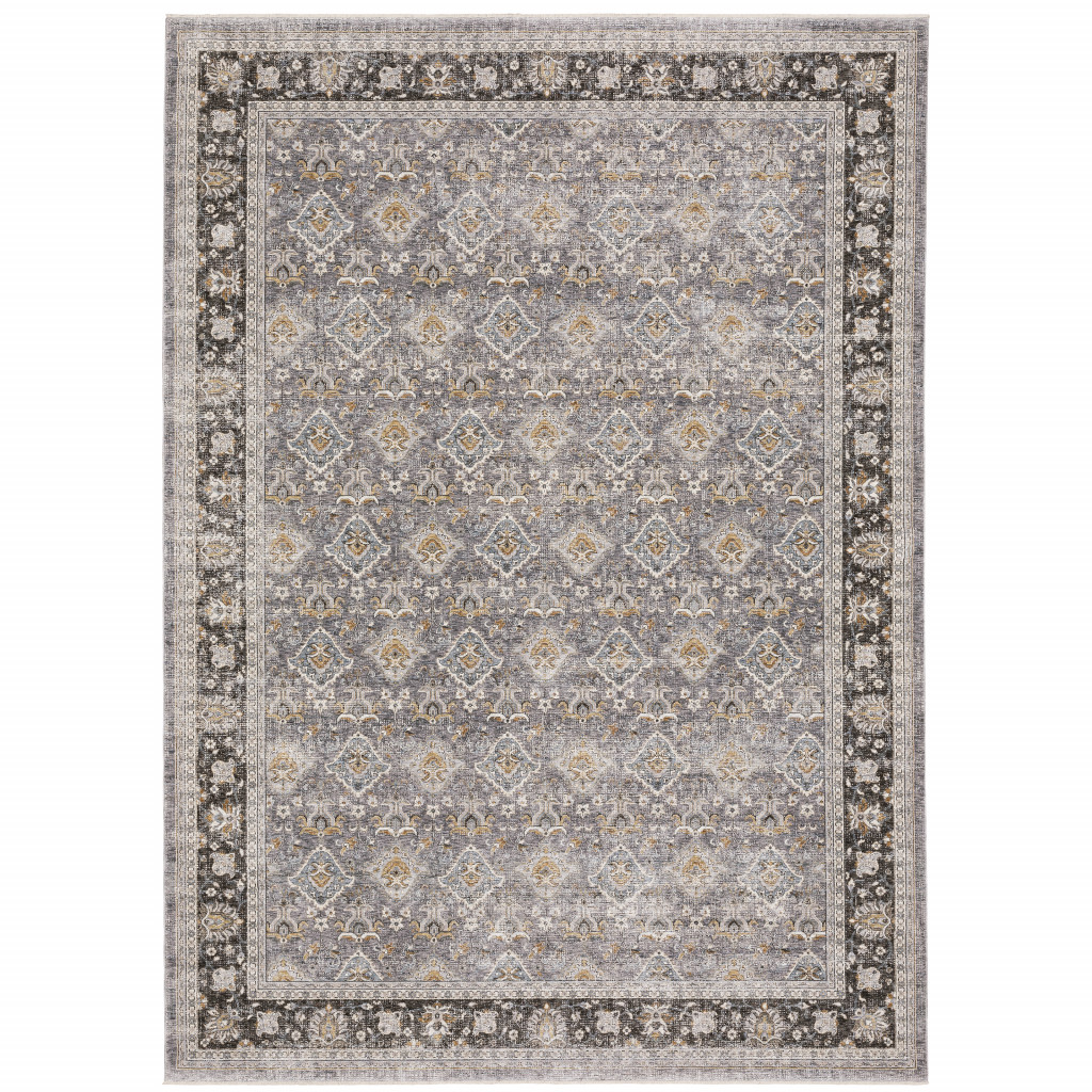 8" X 11" Grey And Blue Oriental Power Loom Stain Resistant Area Rug With Fringe