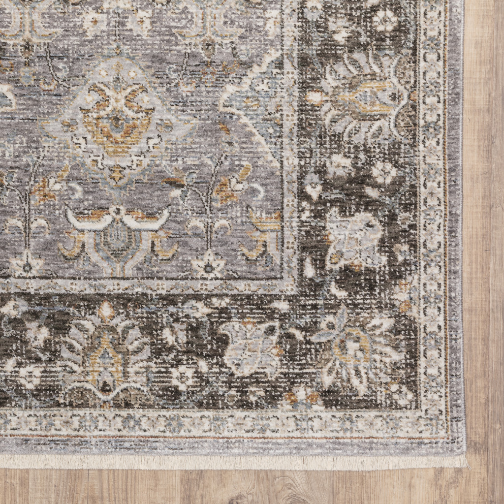 10" X 13" Grey And Blue Oriental Power Loom Stain Resistant Area Rug With Fringe