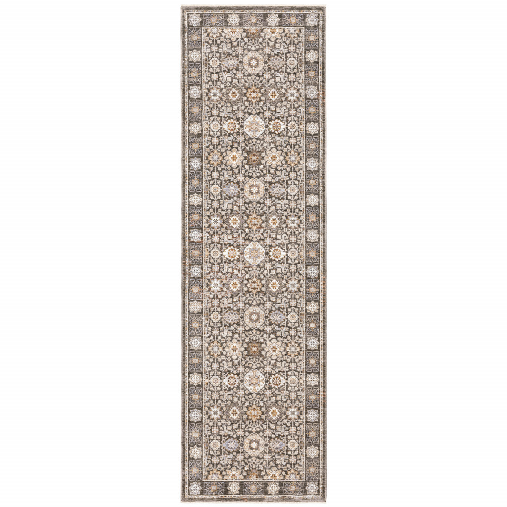 2" X 8" Grey And Ivory Oriental Power Loom Stain Resistant Runner Rug With Fringe