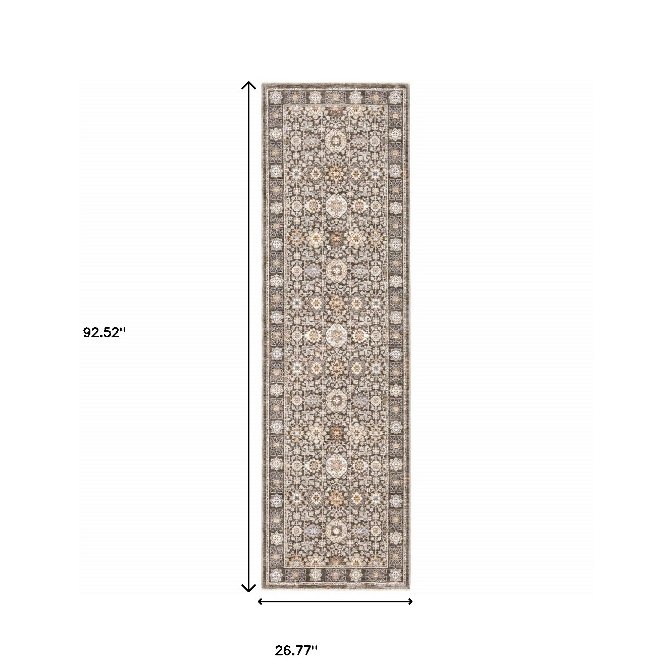 2" X 8" Grey And Ivory Oriental Power Loom Stain Resistant Runner Rug With Fringe