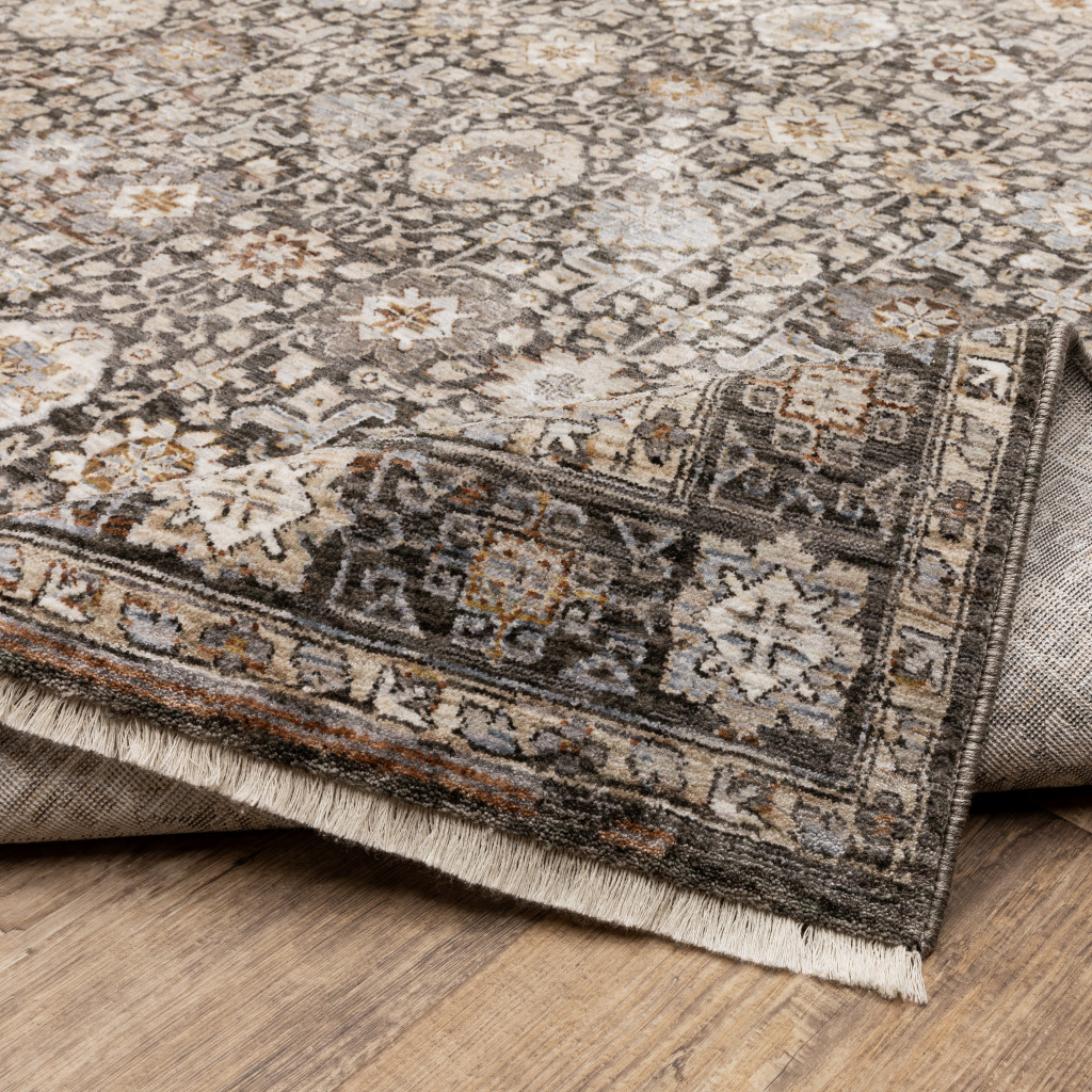 2" X 8" Grey And Ivory Oriental Power Loom Stain Resistant Runner Rug With Fringe