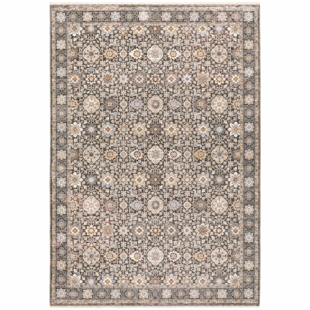 7" X 10" Gray and Ivory Oriental Power Loom Area Rug With Fringe
