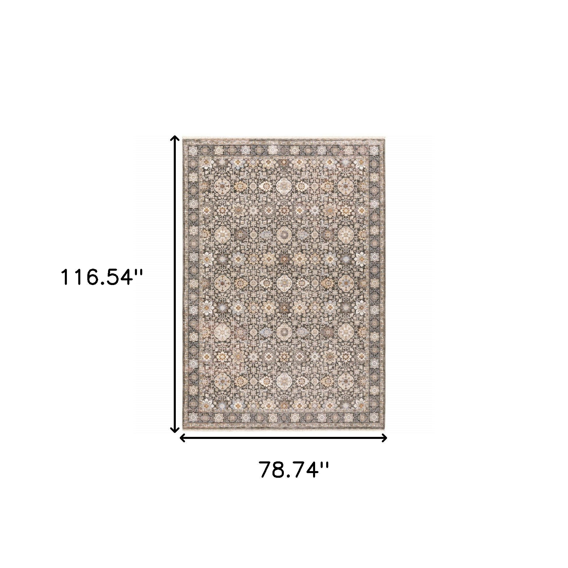 7" X 10" Gray and Ivory Oriental Power Loom Area Rug With Fringe