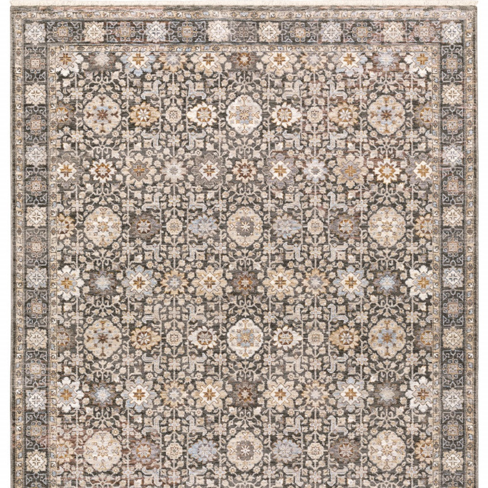 7" X 10" Gray and Ivory Oriental Power Loom Area Rug With Fringe