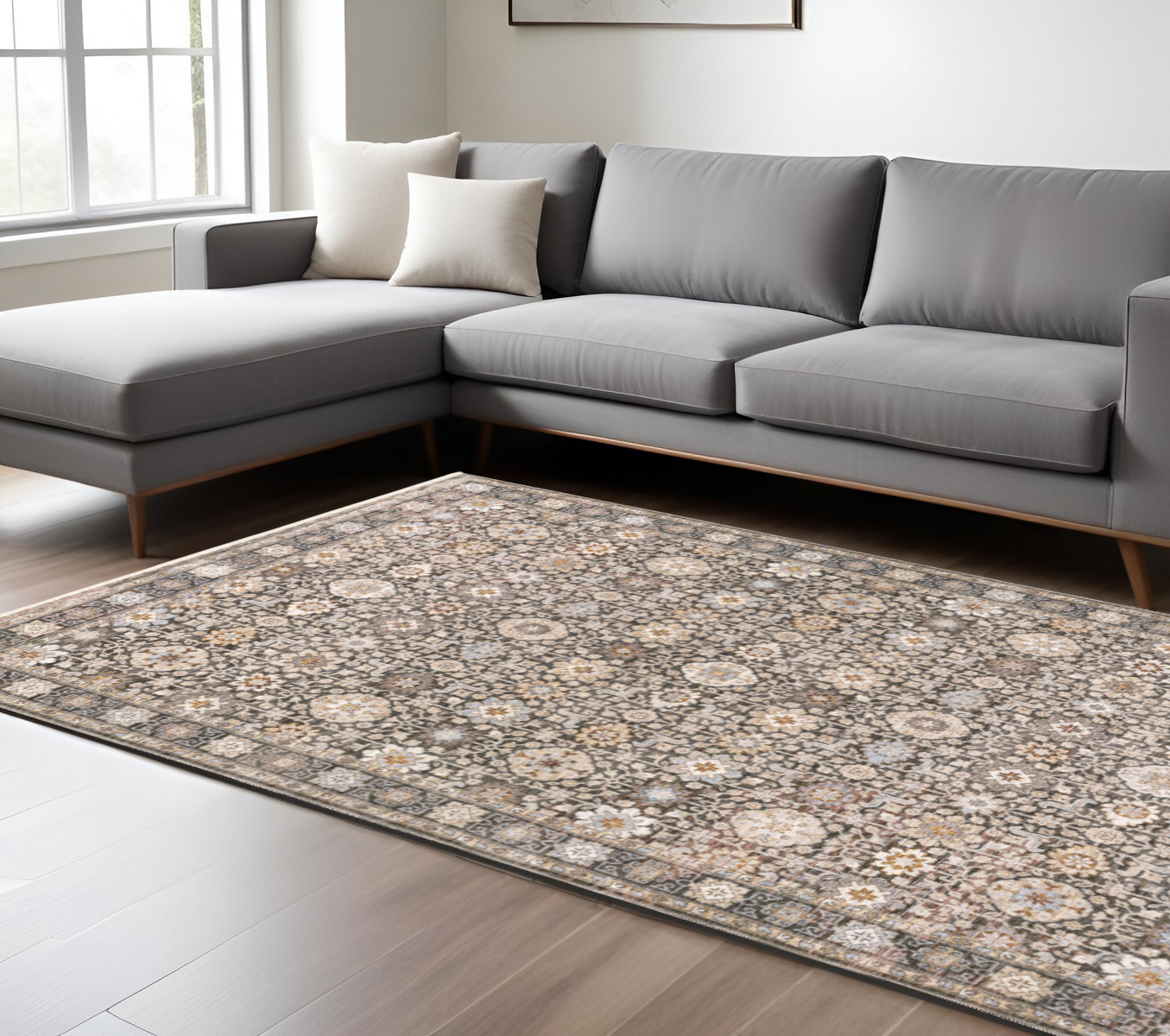 7" X 10" Gray and Ivory Oriental Power Loom Area Rug With Fringe