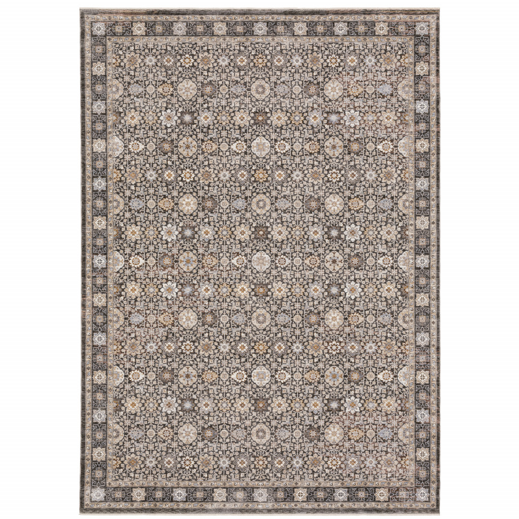 8" X 11" Charcoal Ivory and Beige Floral Power Loom Area Rug With Fringe