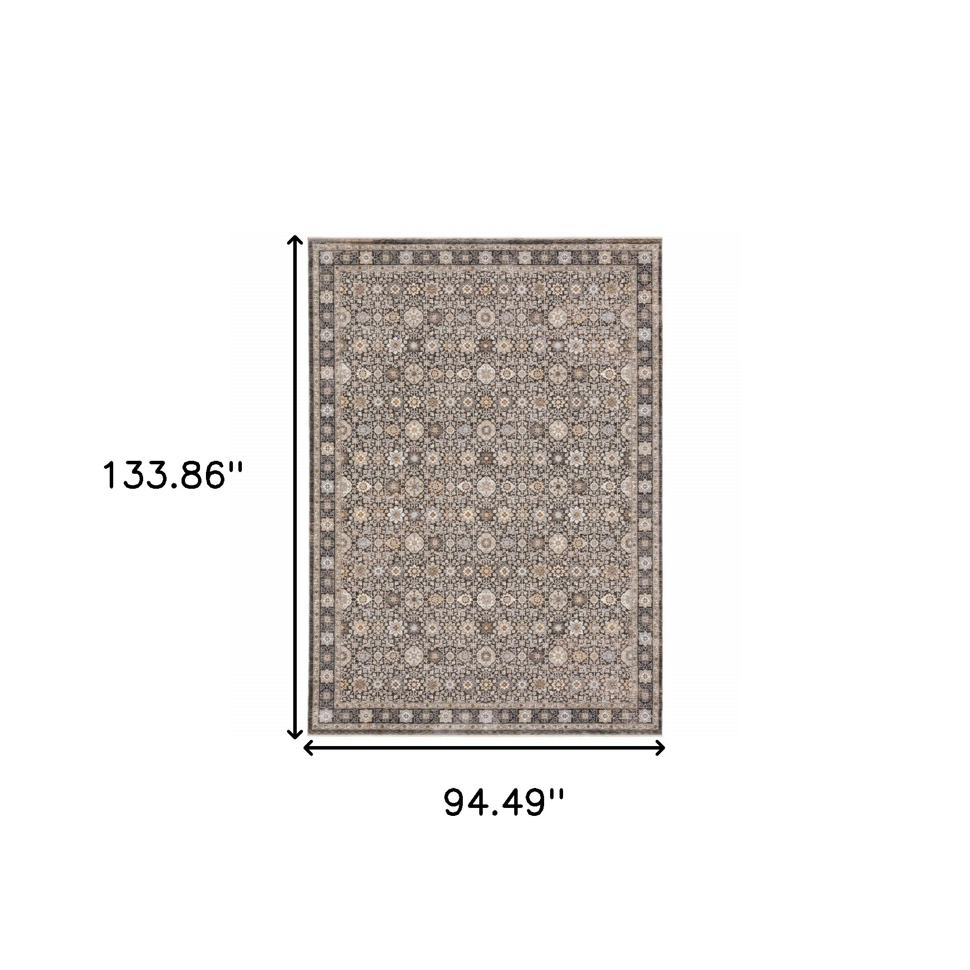 8" X 11" Charcoal Ivory and Beige Floral Power Loom Area Rug With Fringe