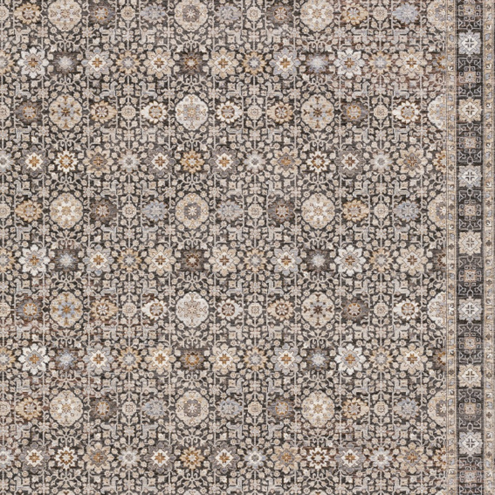 8" X 11" Charcoal Ivory and Beige Floral Power Loom Area Rug With Fringe