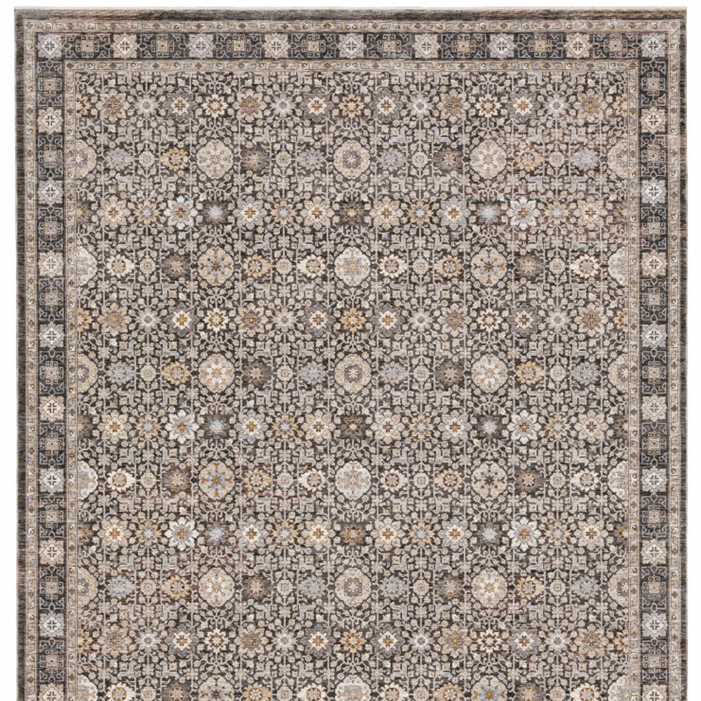 8" X 11" Charcoal Ivory and Beige Floral Power Loom Area Rug With Fringe